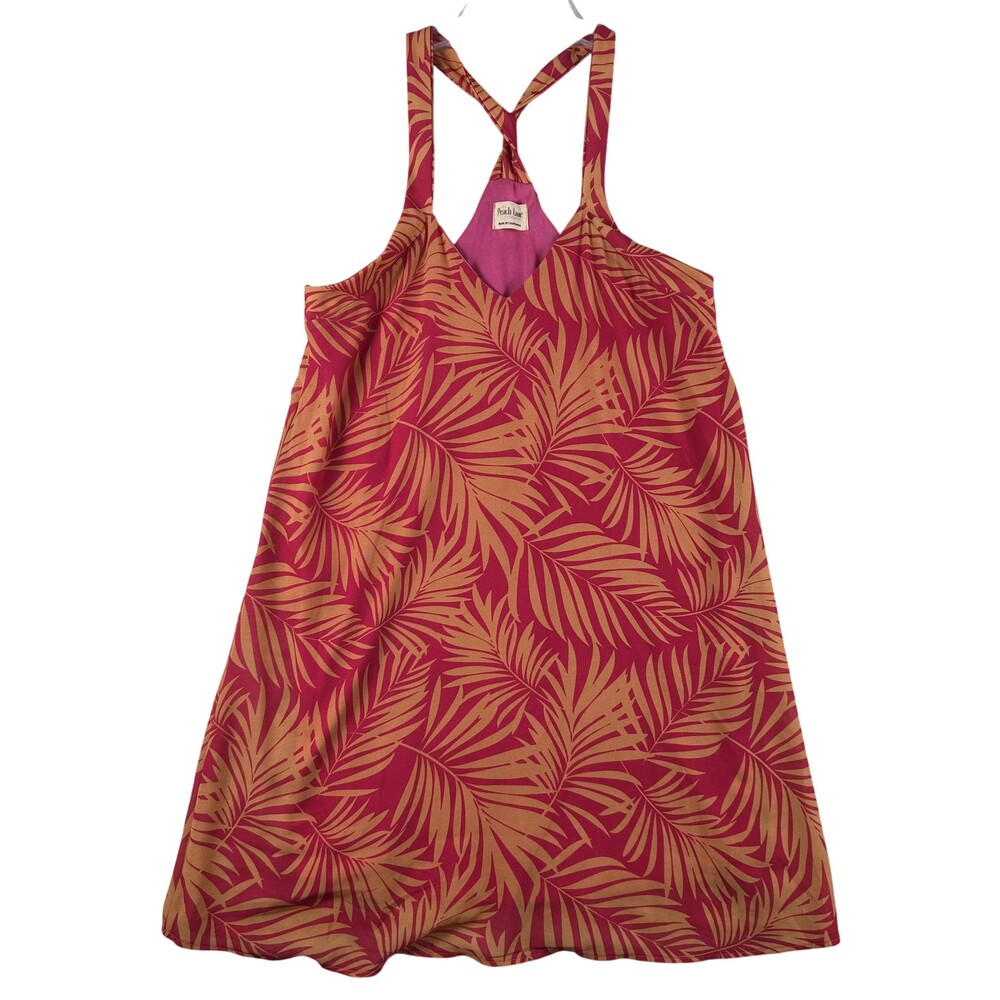 Peach Love Dress Womens Small Pink Tropical Palm Print Sleeveless Lined Sundress